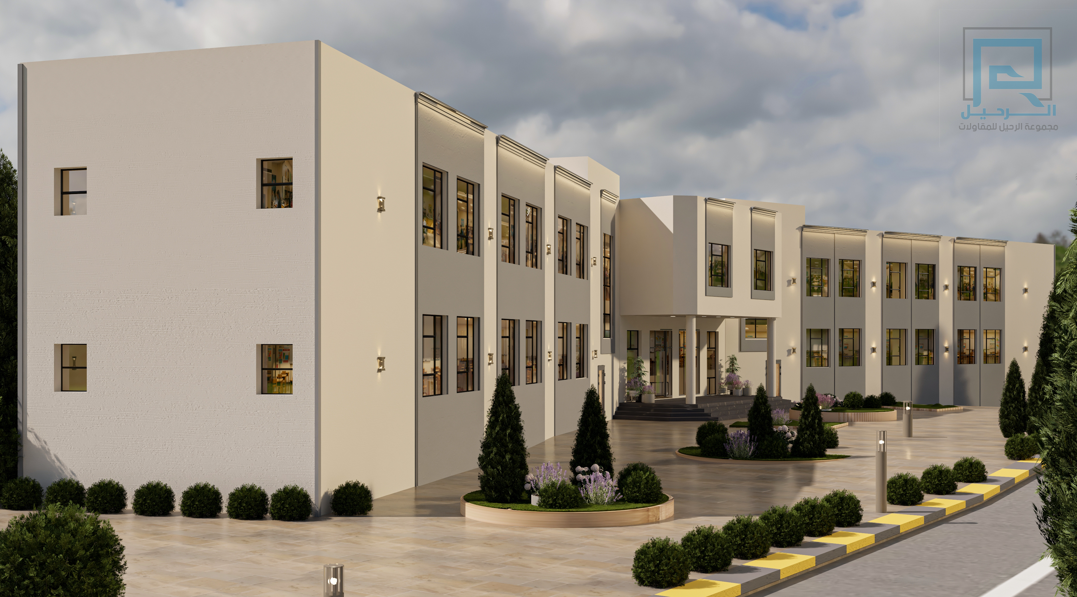 تصميم واجهة ممتدة بنوافذ منتظمة ومدخل وسطي — تصميم هندسي من مجموعة الرحيل لمشروع منفّذ