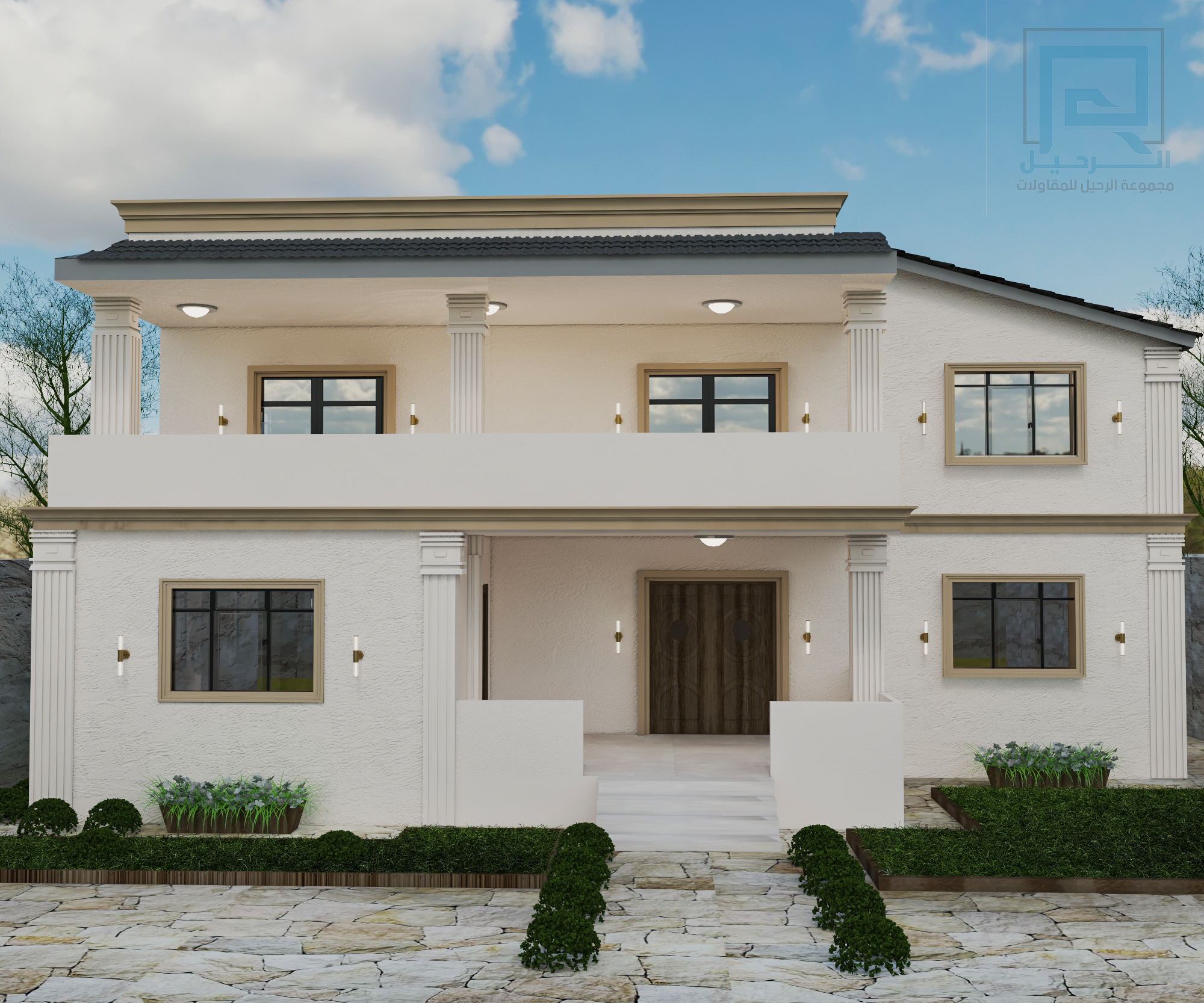 تصميم واجهة منزل بمدخل وأعمدة وشرفة علوية — تصميم هندسي من مجموعة الرحيل لمشروع منفّذ
