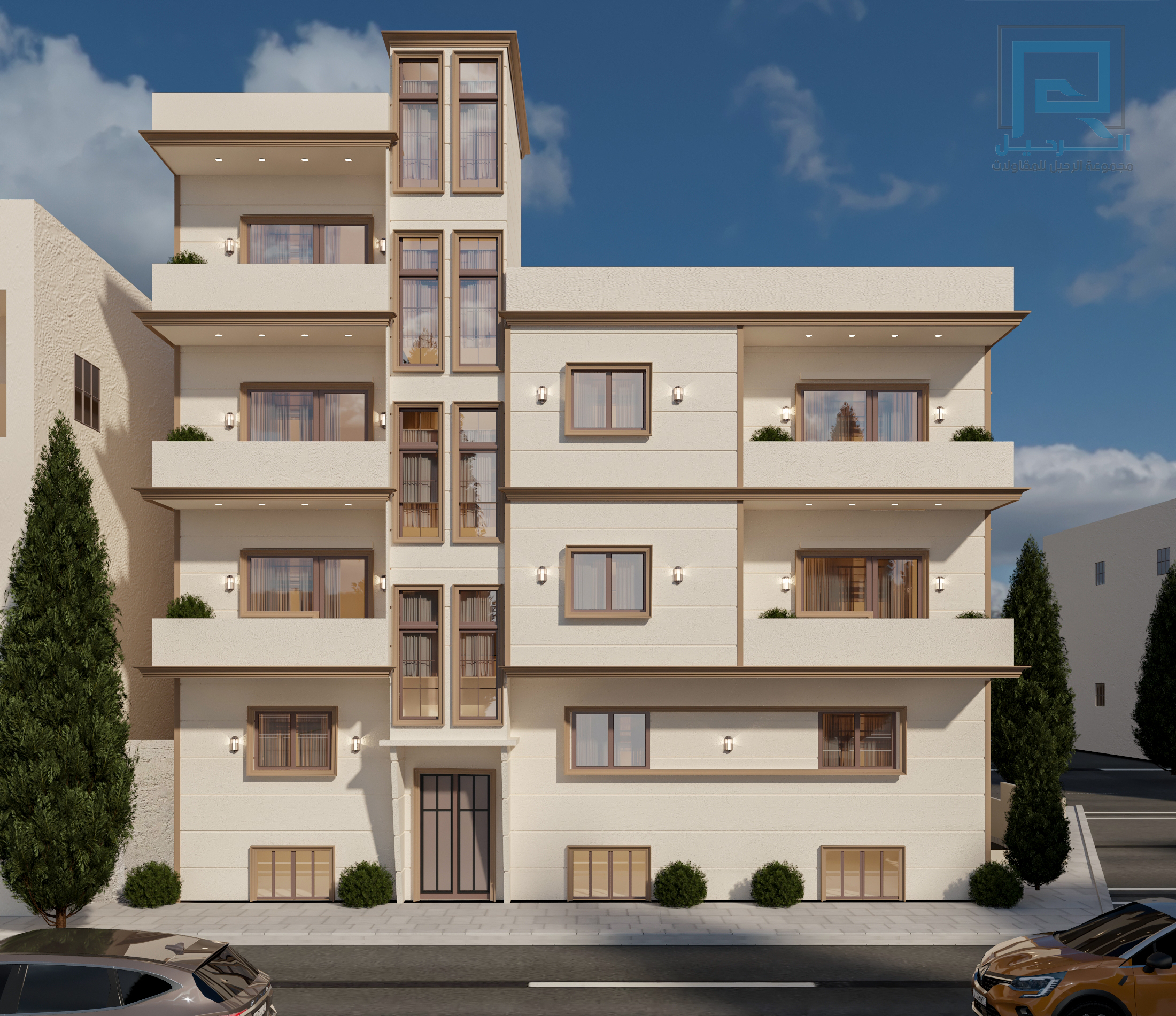تصميم الواجهة الأمامية لمبنى متعدد الطوابق بشرفات وإطارات نوافذ — تصميم هندسي من مجموعة الرحيل لمشروع منفّذ