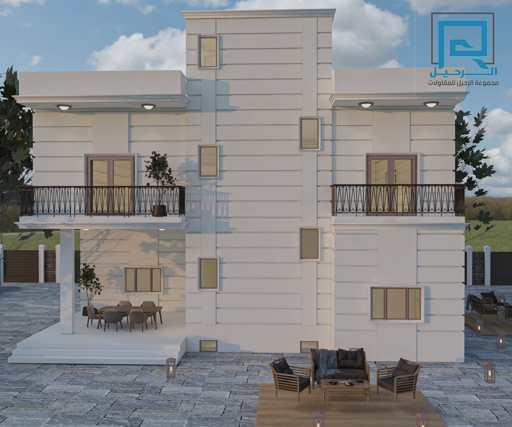تصميم واجهة منزل بشرفتين وإطارات ديكورية — تصميم هندسي من مجموعة الرحيل لمشروع منفّذ