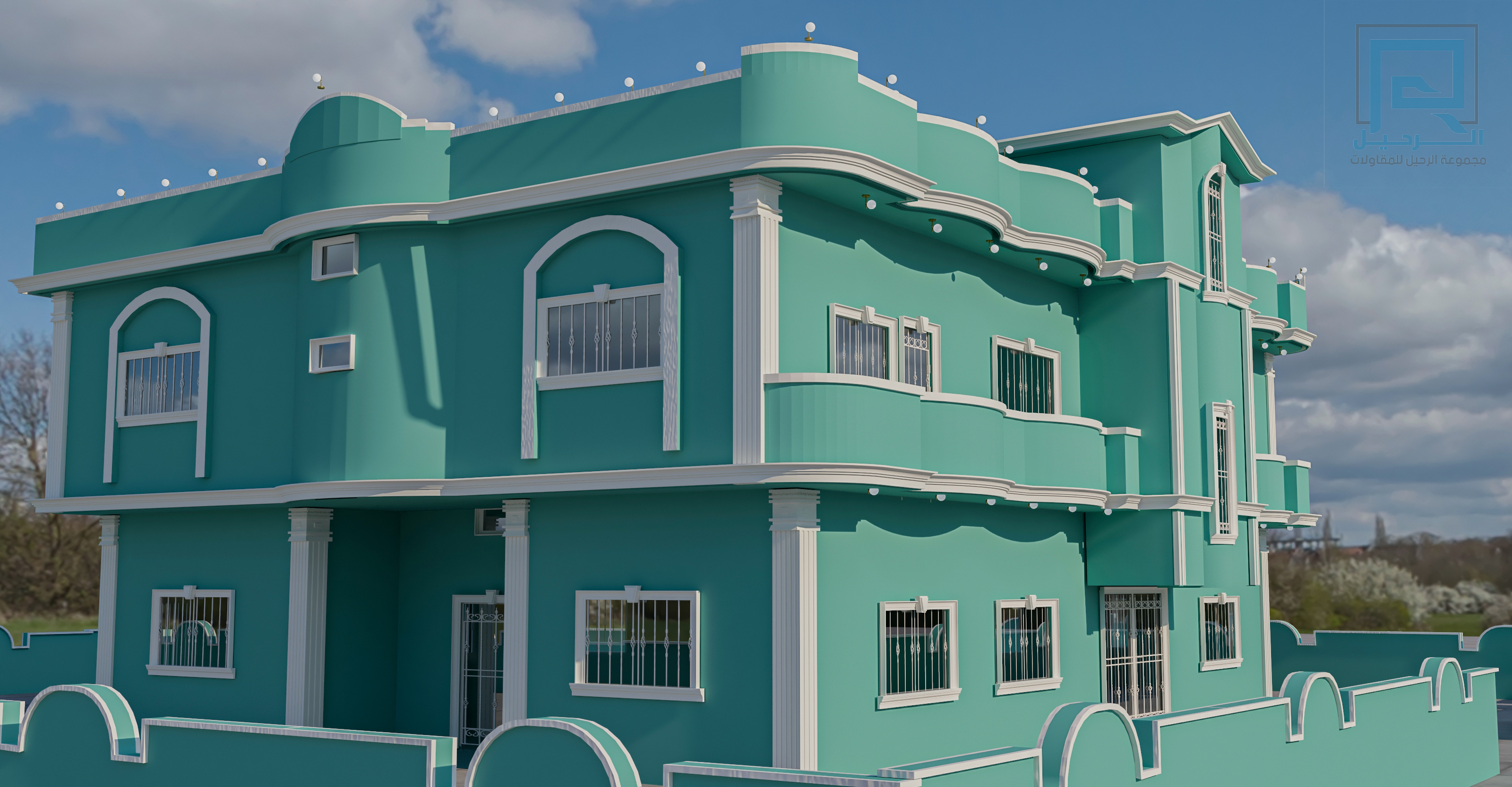 تصميم واجهة باللون الفيروزي مع أقواس وزخارف بيضاء — تصميم هندسي من مجموعة الرحيل لمشروع منفّذ