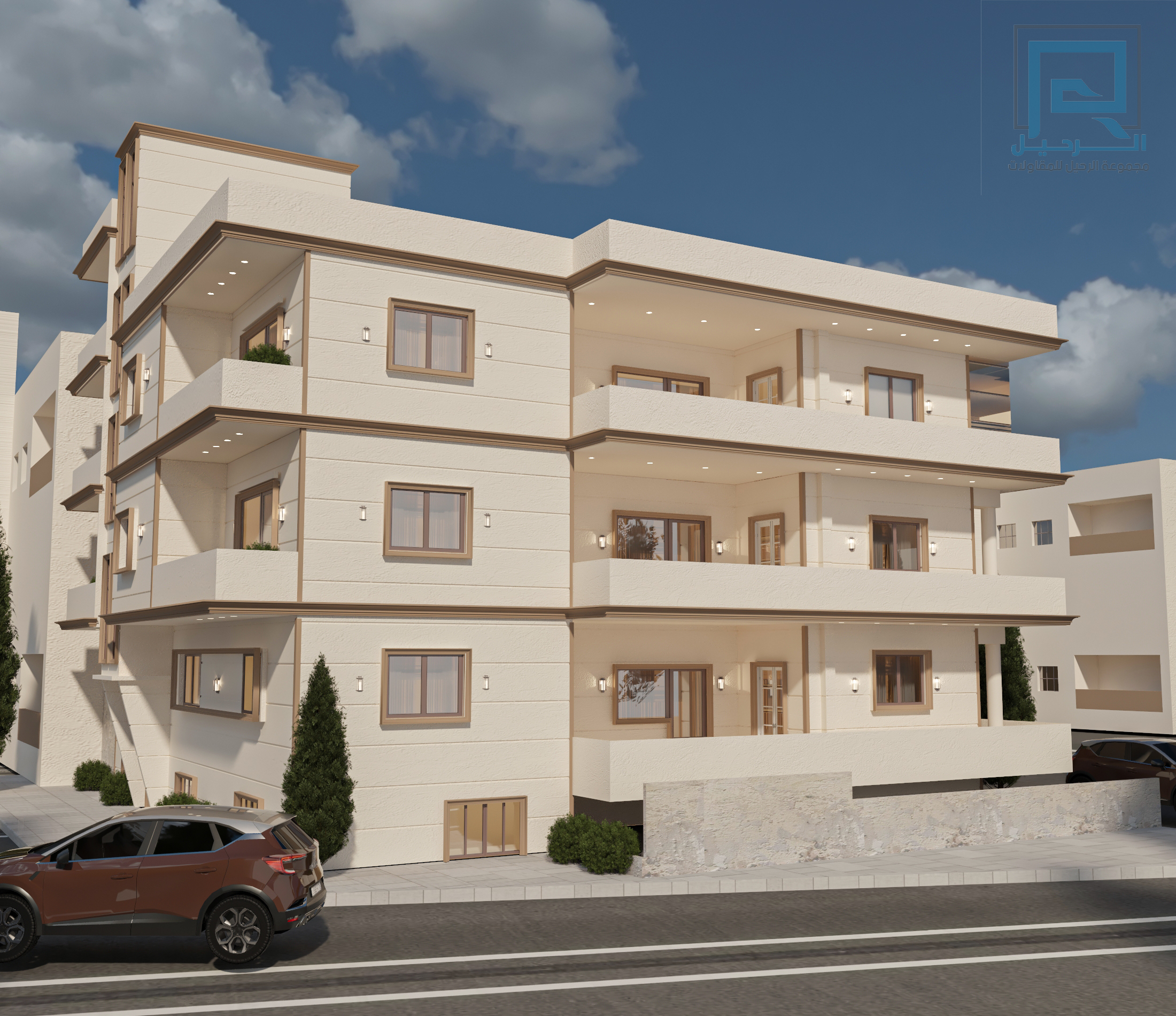 منظور جانبي لتصميم واجهات مبنى بشرفات ممتدة — تصميم هندسي من مجموعة الرحيل لمشروع منفّذ