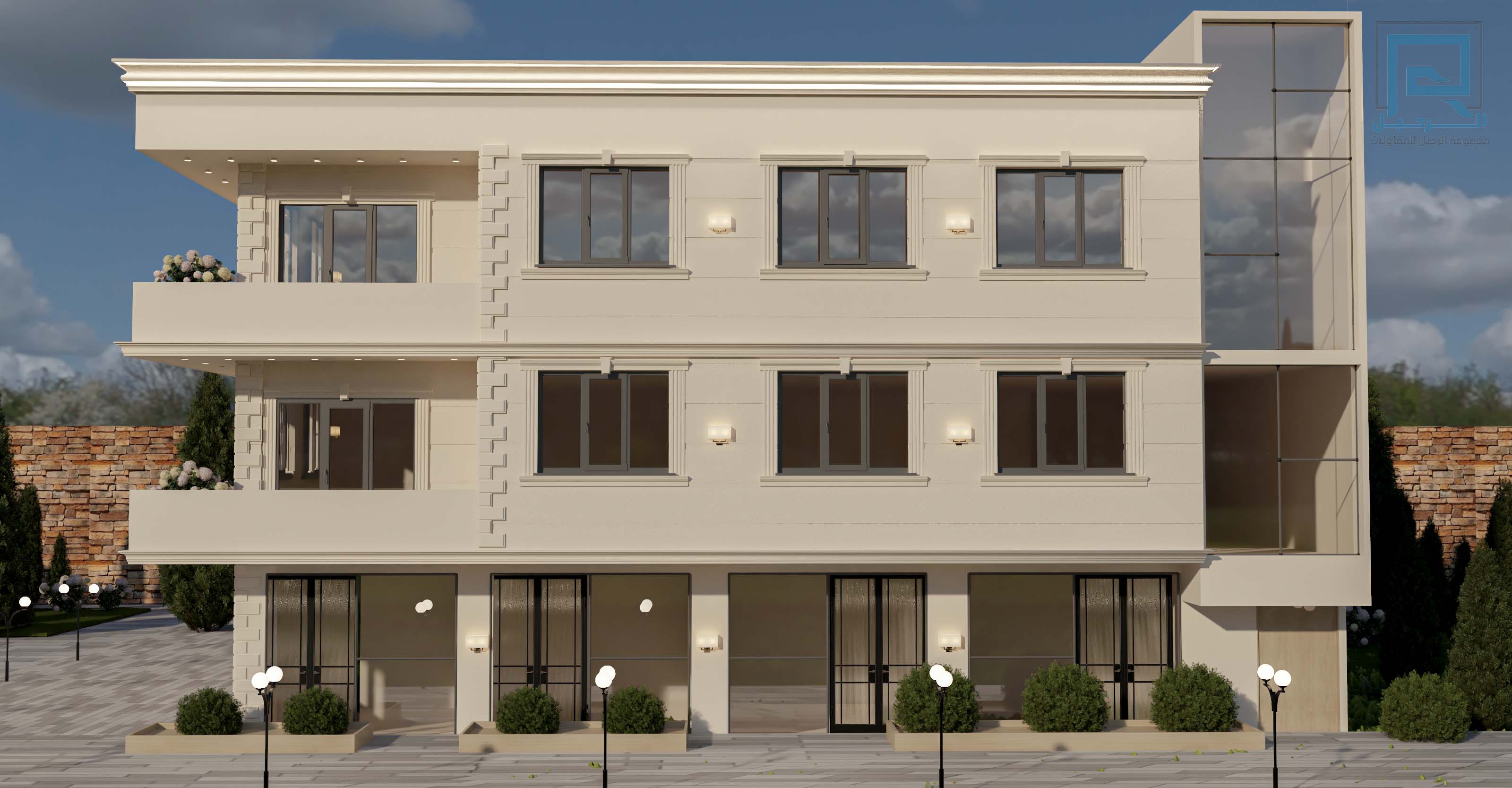 تصميم واجهة أمامية بكرانيش أفقية وشرفات — تصميم هندسي من مجموعة الرحيل لمشروع منفّذ