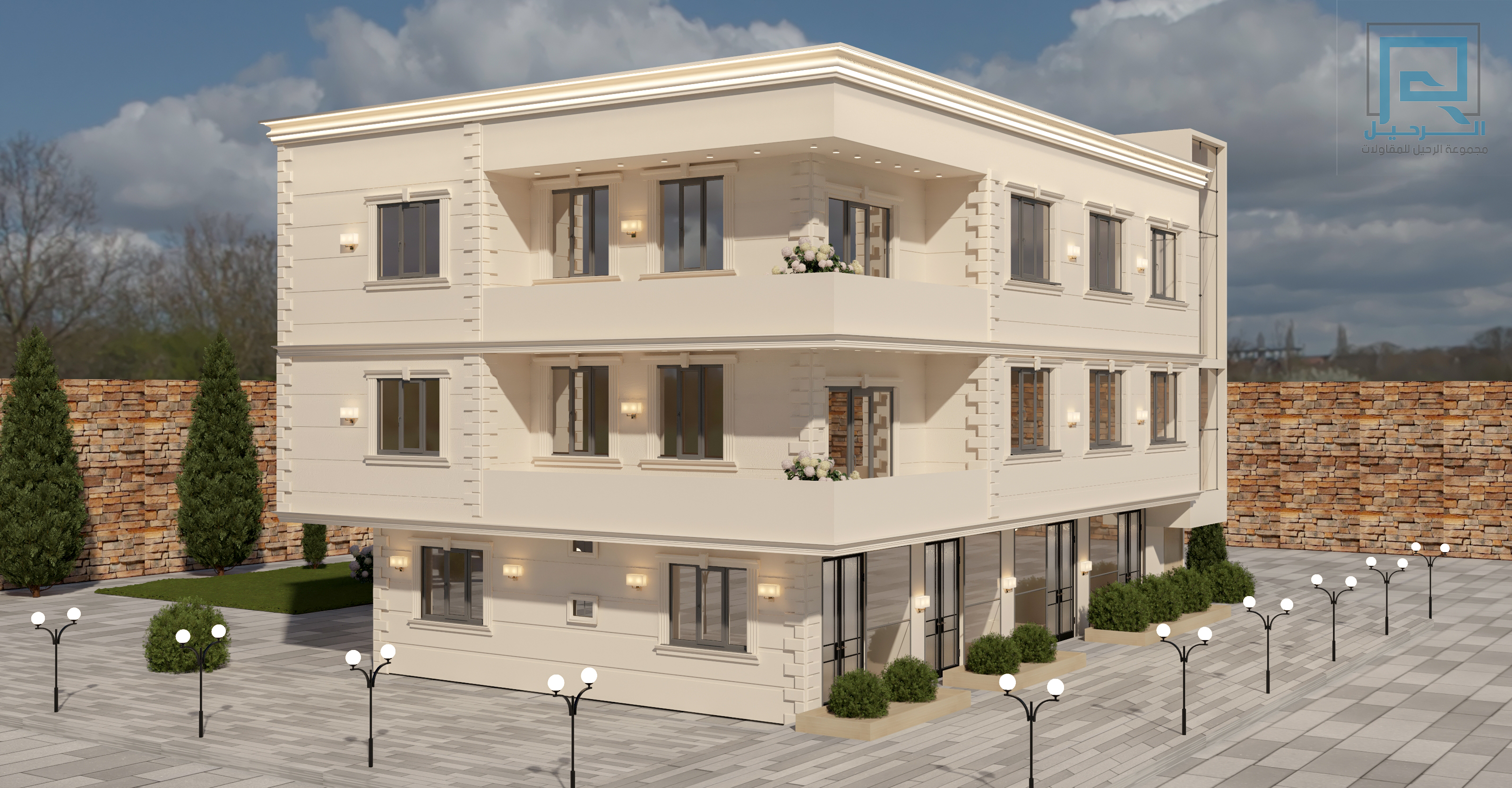 منظور لواجهتين متجاورتين بكرانيش وإطارات نوافذ — تصميم هندسي من مجموعة الرحيل لمشروع منفّذ