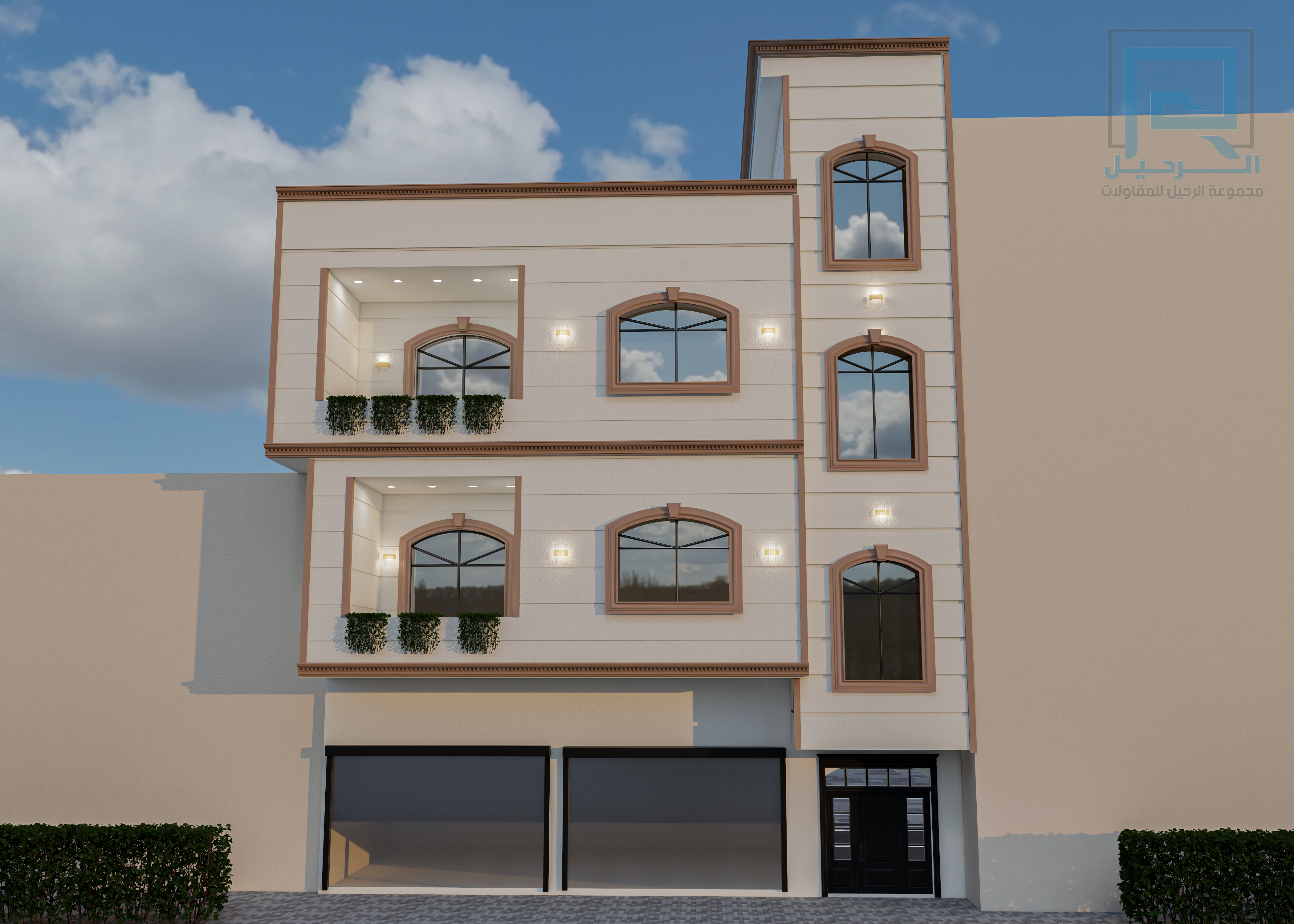 تصميم واجهة مبنى بنوافذ مقوسة وشرفات مزروعة — تصميم هندسي من مجموعة الرحيل لمشروع منفّذ