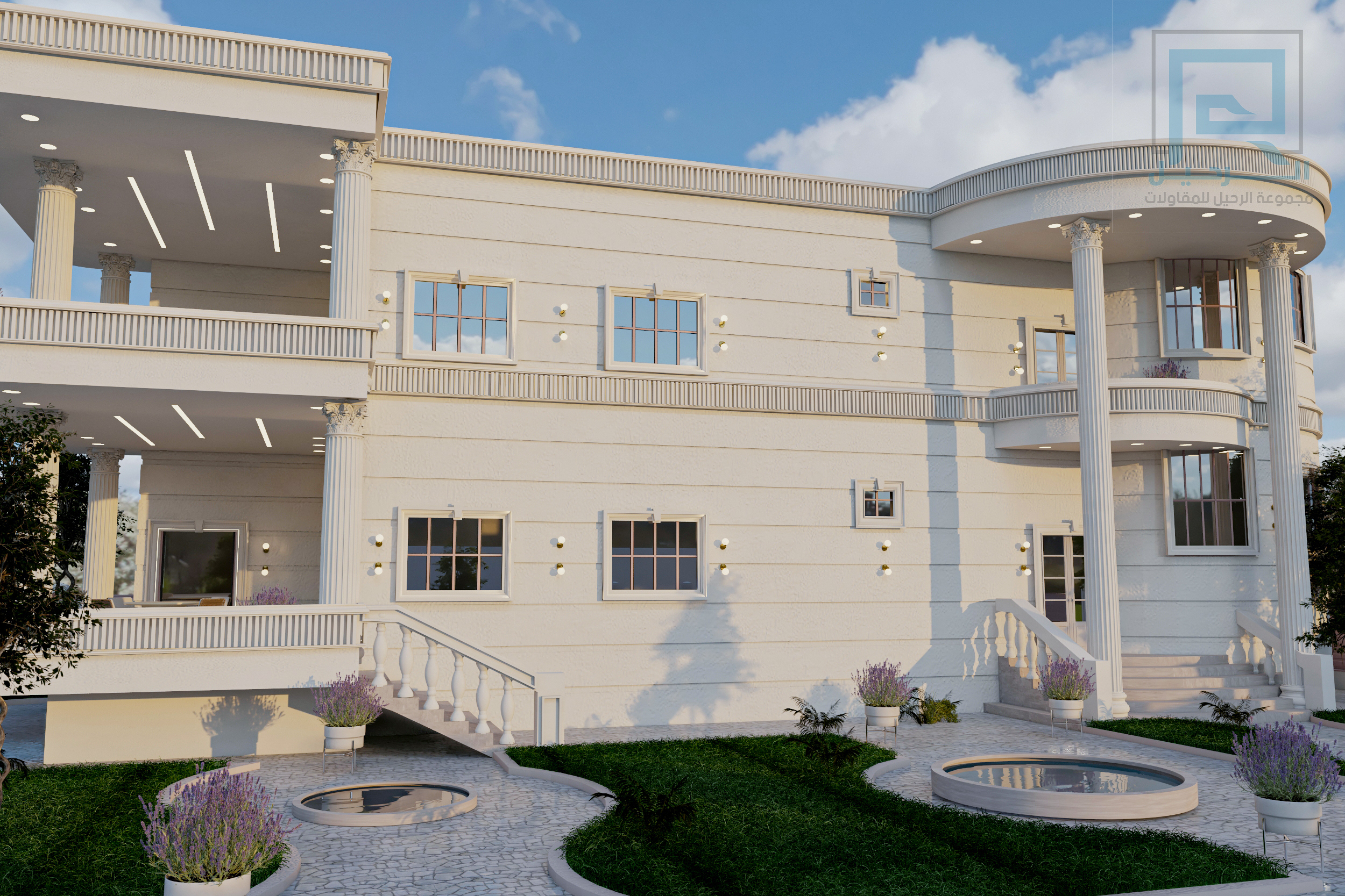 تصميم واجهة بأعمدة كلاسيكية وشرفات منحنية — تصميم هندسي من مجموعة الرحيل لمشروع منفّذ