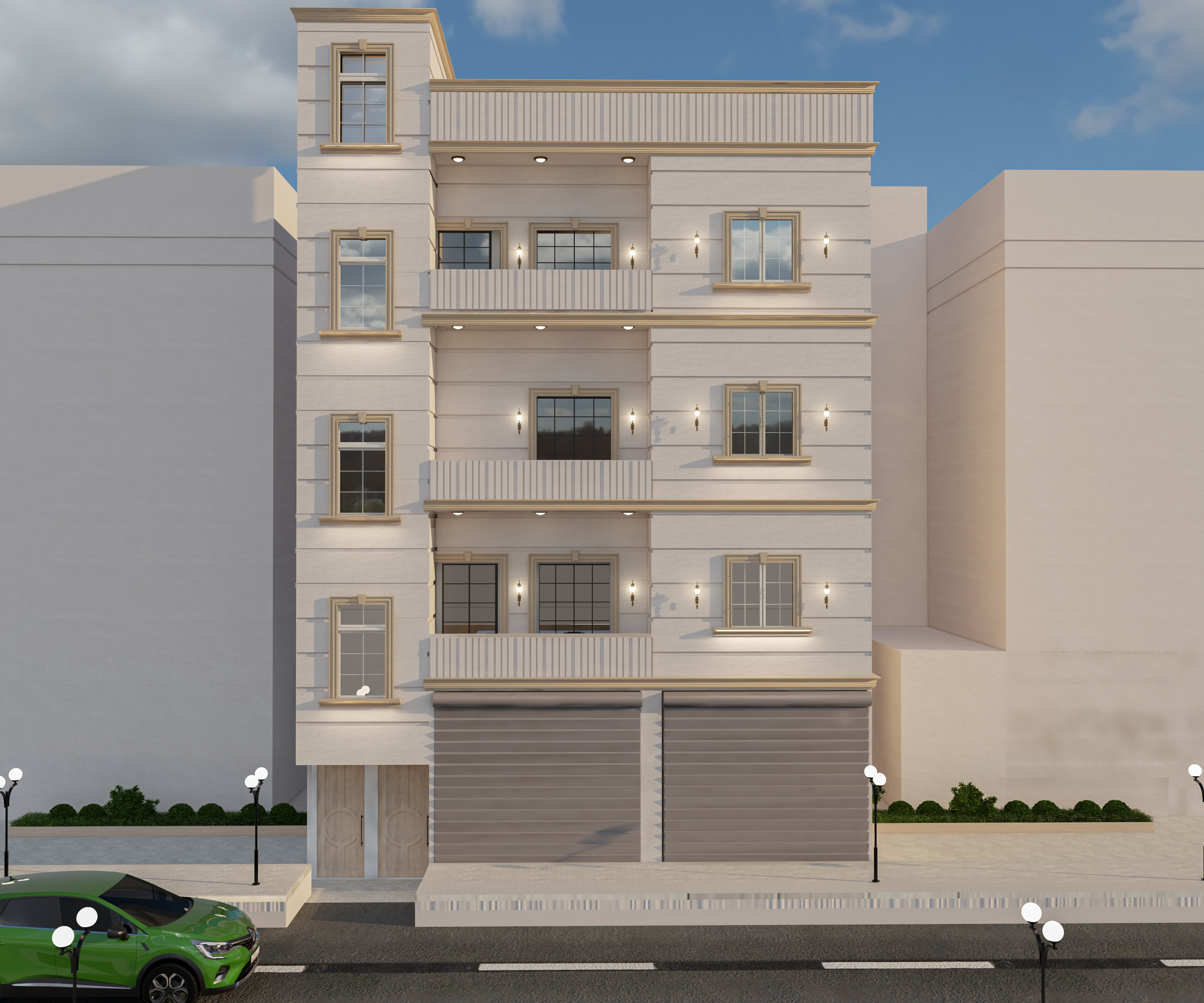 تصميم واجهة متعددة الطوابق بشرفات وإطارات بلون ذهبي — تصميم هندسي من مجموعة الرحيل لمشروع منفّذ